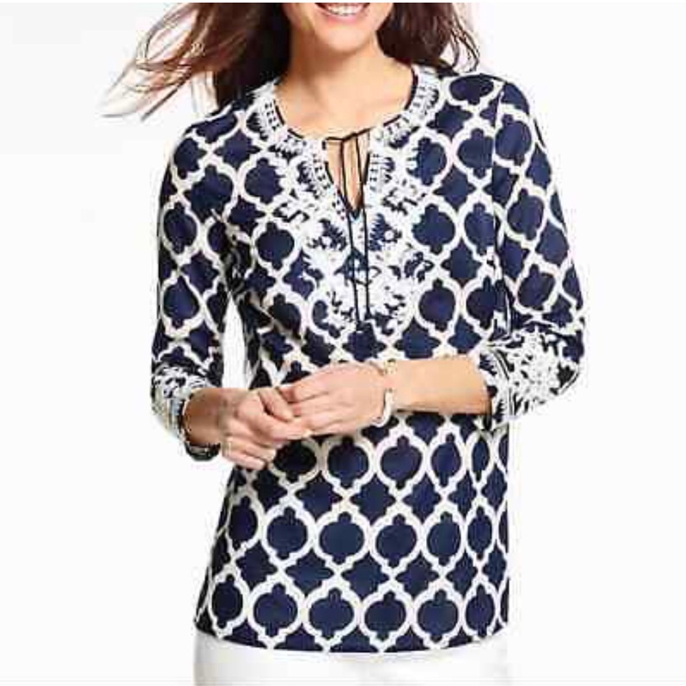 Talbots Moroccan Tile Embroidered Beaded Tunic Top Women's L Navy White